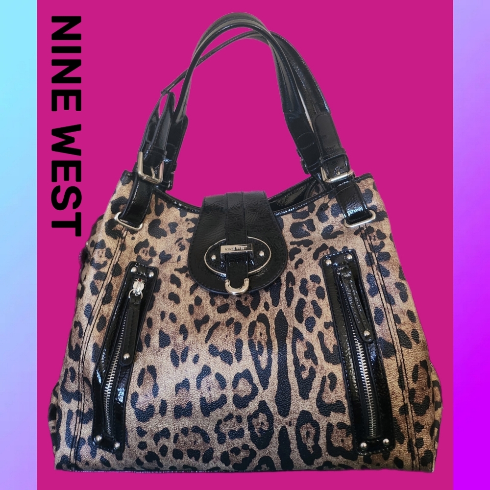NINE WEST CHEETAH PRINT WITH BLACK PATENT LEATHER TOTE BAG - Picture 1 of 7